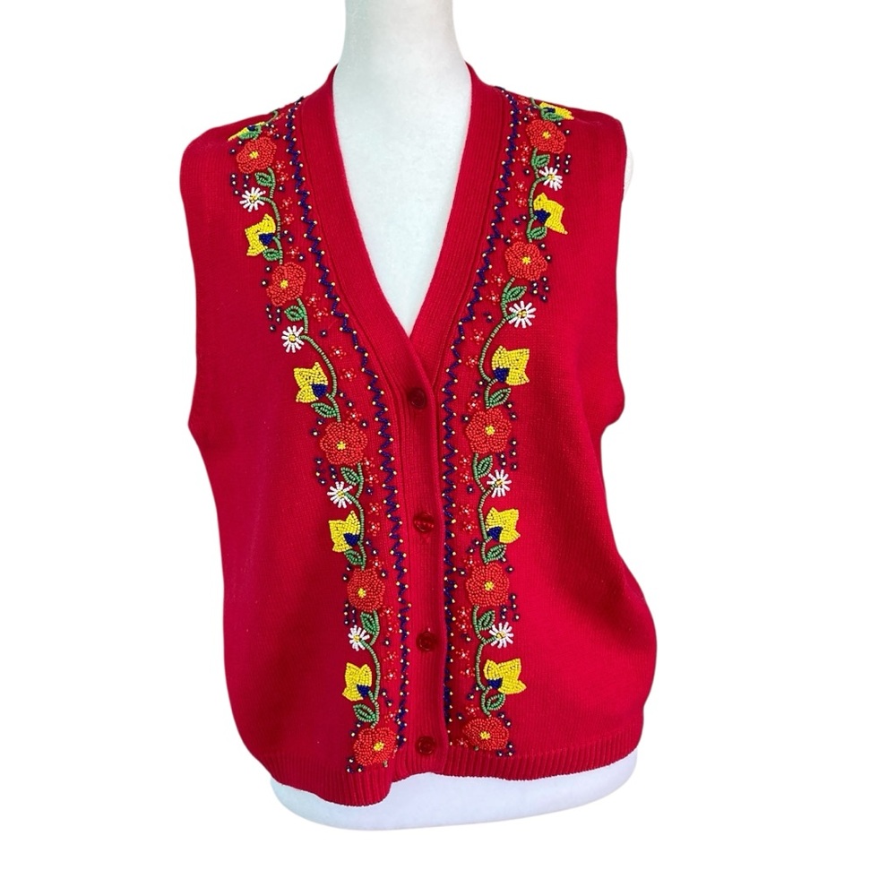 The Limited Vintage Red Beaded Festive Button Front Cotton Sweater Vest (Size M)